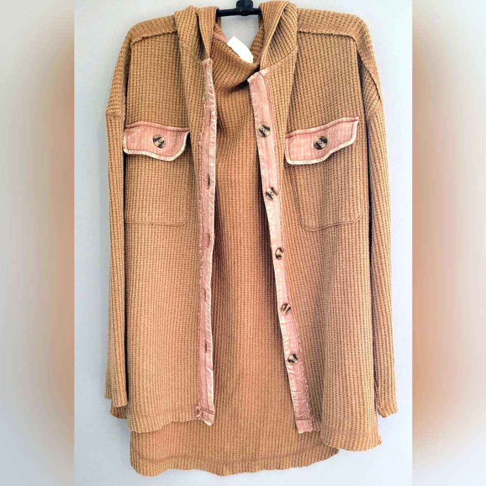 Waffle knit hooded oversized shacket with Distressed Accents.